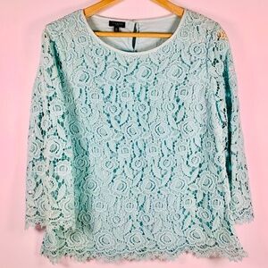 Talbots Spring teal blue/green boho crochet/lace long sleeve blouse cottagecore